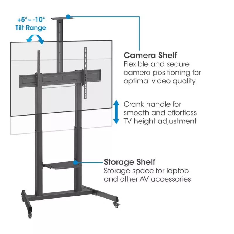Manhattan Trolley Mount Stand for TV & Monitors (regulacja wysokości korbą), Do ekranów: 37 inch do 120 inch, Kompatybilność VESA: wszystkie między 200x200 do 1000x600mm - sprawdź wymiary czterech otworów montażowych z tyłu ekranu, aby upewnić się, że pasują, Maks. 120kg, 1180 do 1630mm