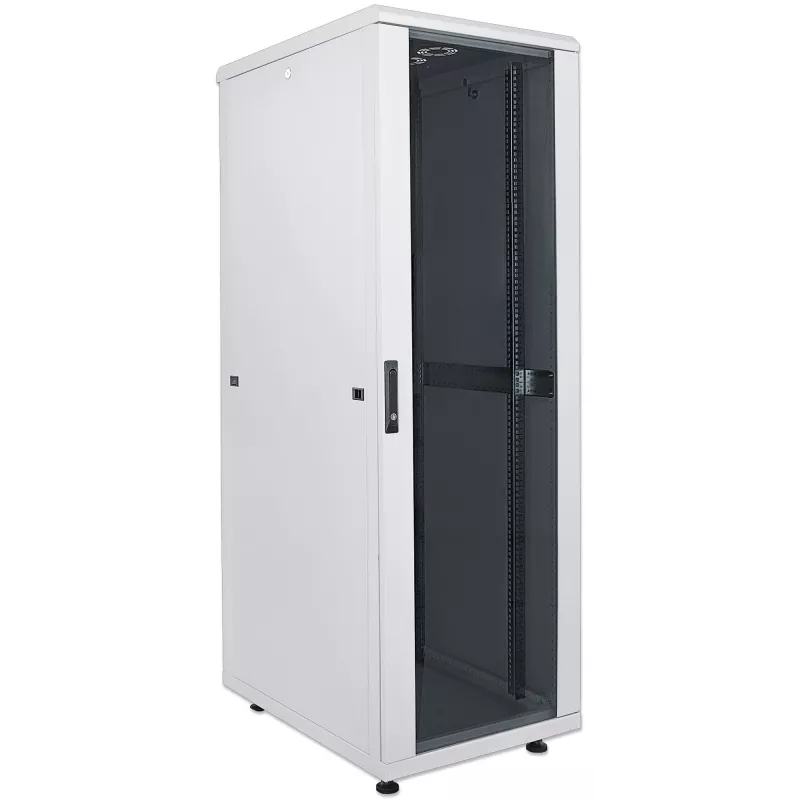 Intellinet 19-calowa szafa sieciowa - wolnostojąca, 32U, 800x800mm (szerokość x głębokość), szary, w paczce do samodzielnego montażu, maks. 1500 kg, wielopunktowy zamek drzwi, jeden zamek na panel boczny, użyteczna głębokość 123 do 573 mm, klasa IP20, stojak, stal
