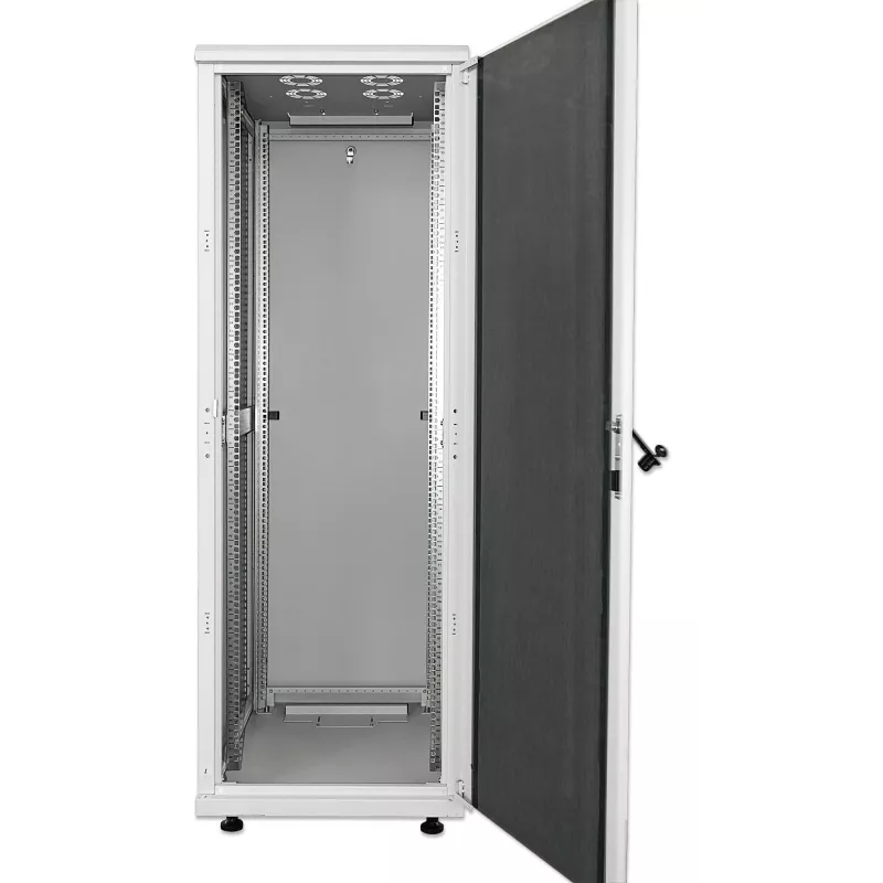Intellinet 19-calowa szafa sieciowa - wolnostojąca, 32U, 800x800mm (szerokość x głębokość), szary, w paczce do samodzielnego montażu, maks. 1500 kg, wielopunktowy zamek drzwi, jeden zamek na panel boczny, użyteczna głębokość 123 do 573 mm, klasa IP20, stojak, stal