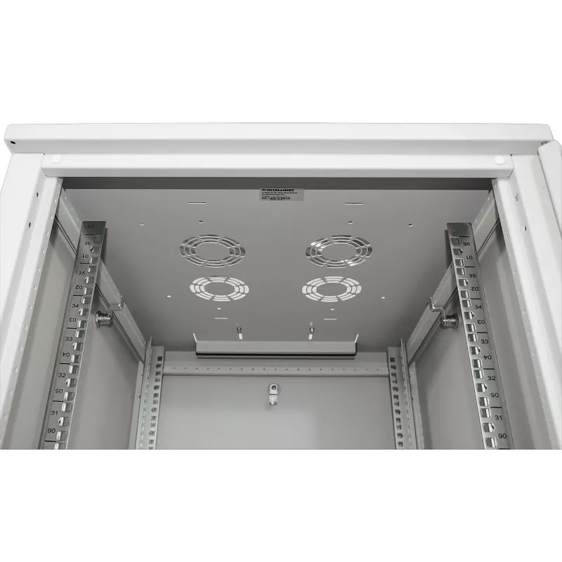 Intellinet 19-calowa szafa sieciowa - wolnostojąca, 32U, 800x800mm (szerokość x głębokość), szary, w paczce do samodzielnego montażu, maks. 1500 kg, wielopunktowy zamek drzwi, jeden zamek na panel boczny, użyteczna głębokość 123 do 573 mm, klasa IP20, stojak, stal
