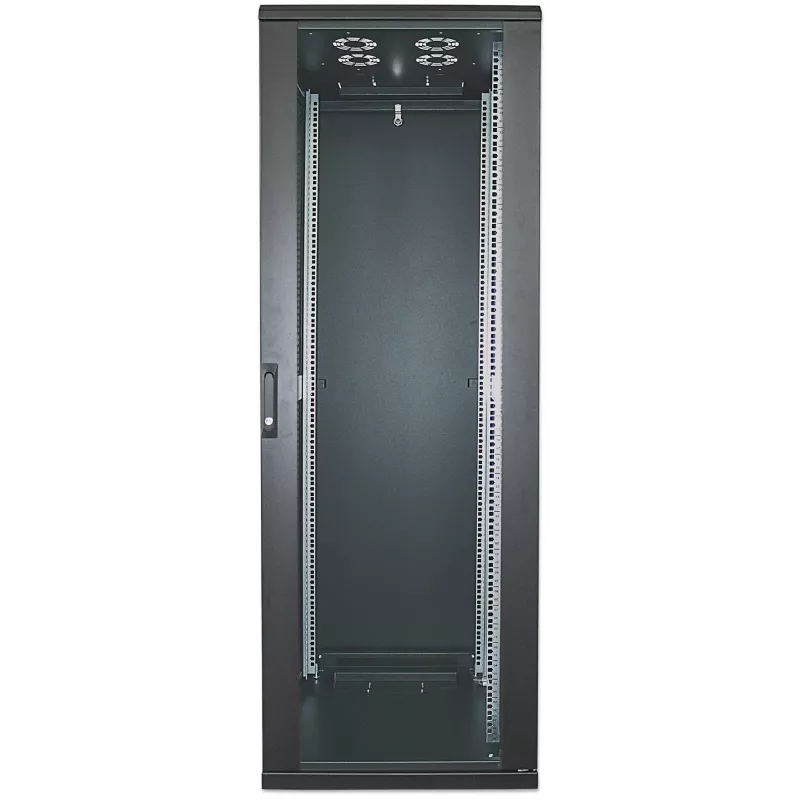 Intellinet 19-calowa szafa sieciowa - wolnostojąca, 32U, 600x600mm (szerokość x głębokość), czarna, Flatpack, maks. 1500 kg, zamek drzwi wielopunktowy, jeden zamek na panel boczny, głębokość użytkowa 123 do 373mm, stopień ochrony IP20, stelaż, stal