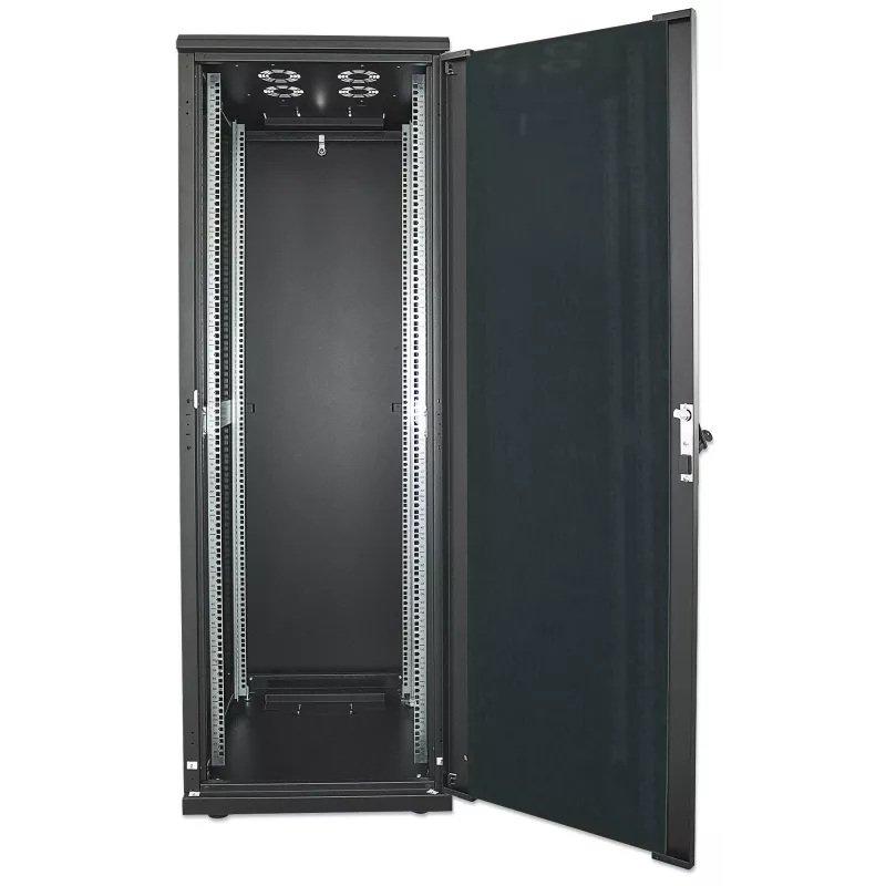 Intellinet 19-calowa szafa sieciowa - wolnostojąca, 32U, 600x600mm (szerokość x głębokość), czarna, Flatpack, maks. 1500 kg, zamek drzwi wielopunktowy, jeden zamek na panel boczny, głębokość użytkowa 123 do 373mm, stopień ochrony IP20, stelaż, stal