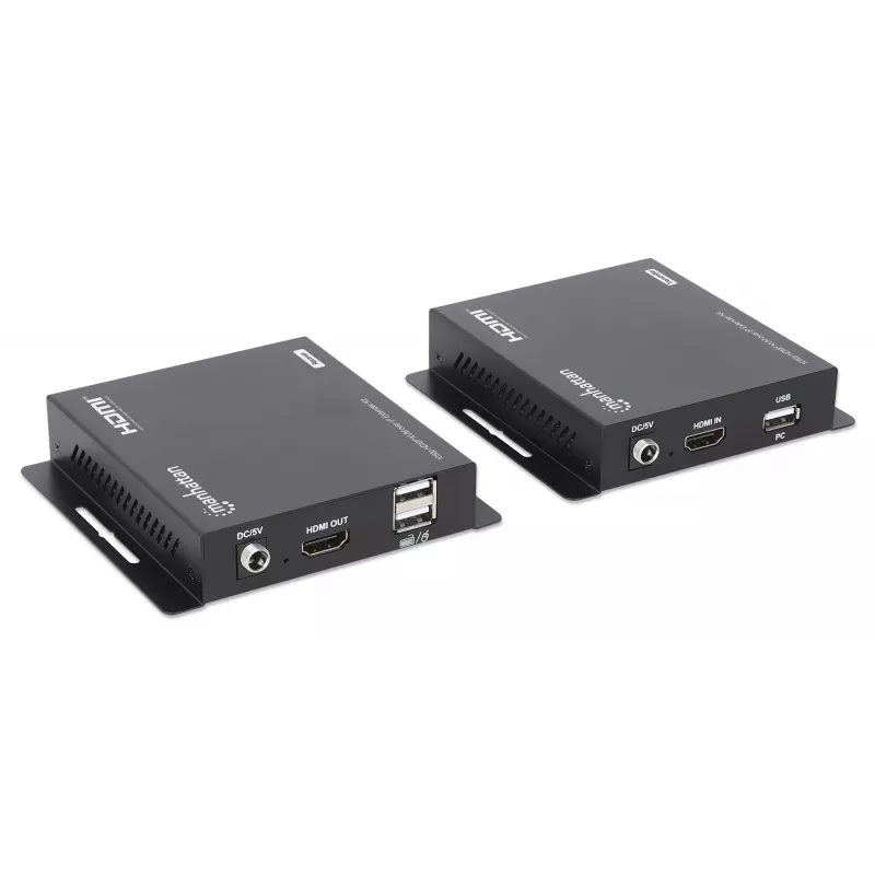 Zestaw przedłużacza Manhattan 1080p HDMI KVM over IP, przedłuża sygnał 1080p@60Hz do 120m za pomocą pojedynczego kabla Ethernet Cat6 lub sieci obsługującej IP, nadajnik i odbiornik, porty USB-A dla komputera/myszy/klawiatury, czarny, trzyletnia gwarancja