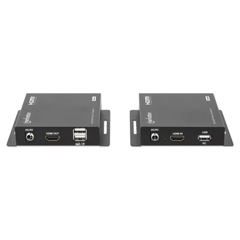 Zestaw przedłużacza Manhattan 1080p HDMI KVM over IP, przedłuża sygnał 1080p@60Hz do 120m za pomocą pojedynczego kabla Ethernet Cat6 lub sieci obsługującej IP, nadajnik i odbiornik, porty USB-A dla komputera/myszy/klawiatury, czarny, trzyletnia gwarancja