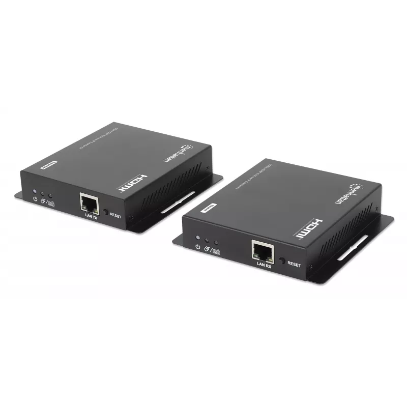 Zestaw przedłużacza Manhattan 1080p HDMI KVM over IP, przedłuża sygnał 1080p@60Hz do 120m za pomocą pojedynczego kabla Ethernet Cat6 lub sieci obsługującej IP, nadajnik i odbiornik, porty USB-A dla komputera/myszy/klawiatury, czarny, trzyletnia gwarancja