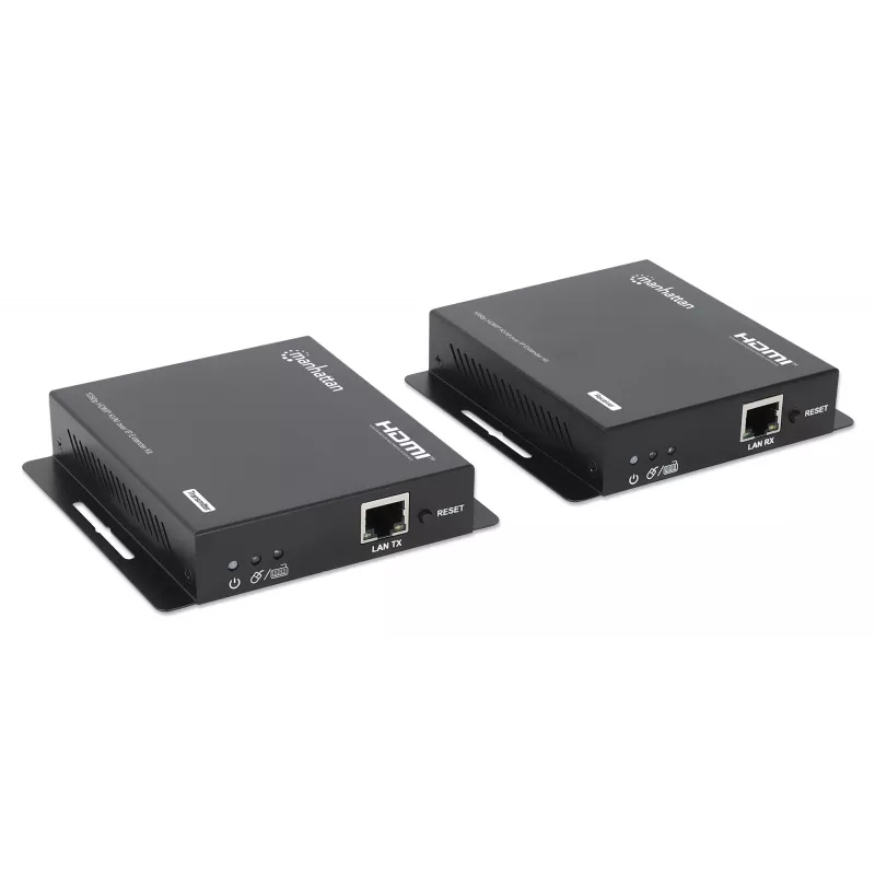Zestaw przedłużacza Manhattan 1080p HDMI KVM over IP, przedłuża sygnał 1080p@60Hz do 120m za pomocą pojedynczego kabla Ethernet Cat6 lub sieci obsługującej IP, nadajnik i odbiornik, porty USB-A dla komputera/myszy/klawiatury, czarny, trzyletnia gwarancja