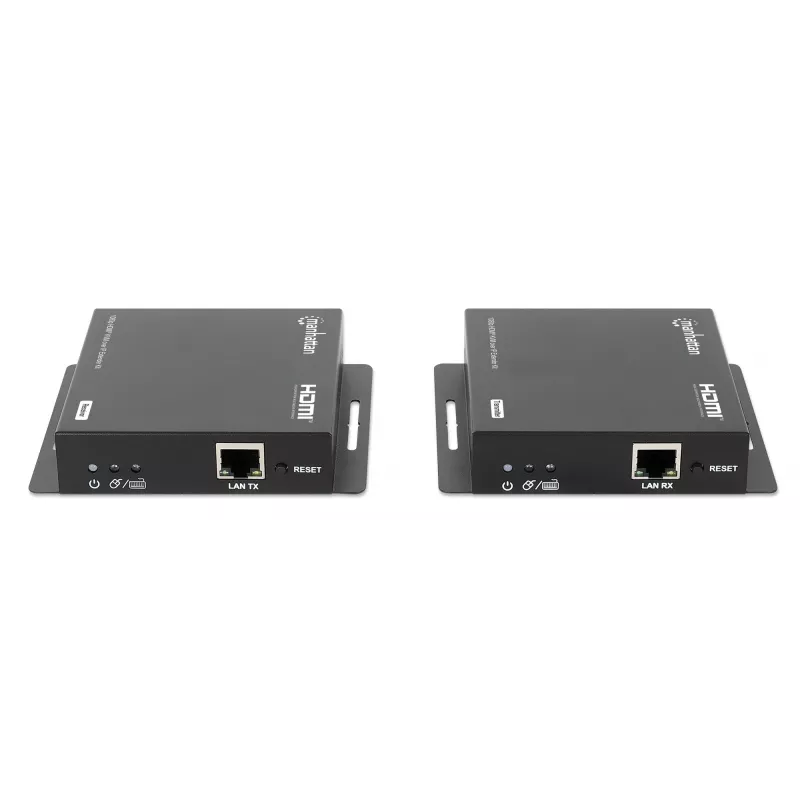 Zestaw przedłużacza Manhattan 1080p HDMI KVM over IP, przedłuża sygnał 1080p@60Hz do 120m za pomocą pojedynczego kabla Ethernet Cat6 lub sieci obsługującej IP, nadajnik i odbiornik, porty USB-A dla komputera/myszy/klawiatury, czarny, trzyletnia gwarancja