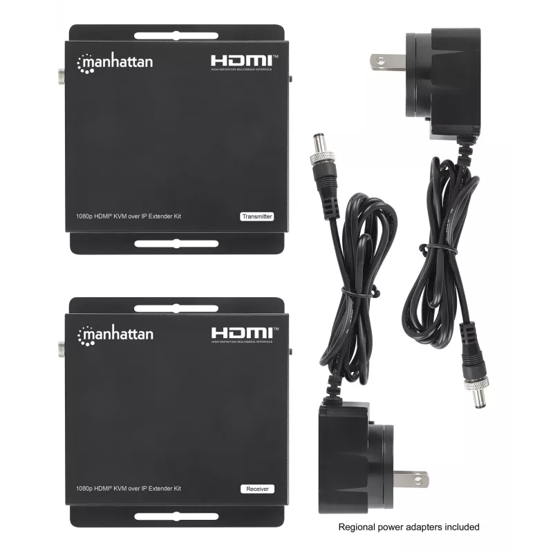 Zestaw przedłużacza Manhattan 1080p HDMI KVM over IP, przedłuża sygnał 1080p@60Hz do 120m za pomocą pojedynczego kabla Ethernet Cat6 lub sieci obsługującej IP, nadajnik i odbiornik, porty USB-A dla komputera/myszy/klawiatury, czarny, trzyletnia gwarancja