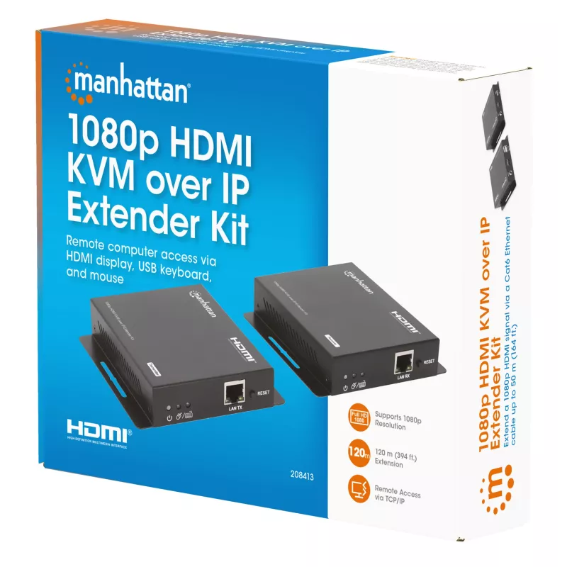 Zestaw przedłużacza Manhattan 1080p HDMI KVM over IP, przedłuża sygnał 1080p@60Hz do 120m za pomocą pojedynczego kabla Ethernet Cat6 lub sieci obsługującej IP, nadajnik i odbiornik, porty USB-A dla komputera/myszy/klawiatury, czarny, trzyletnia gwarancja