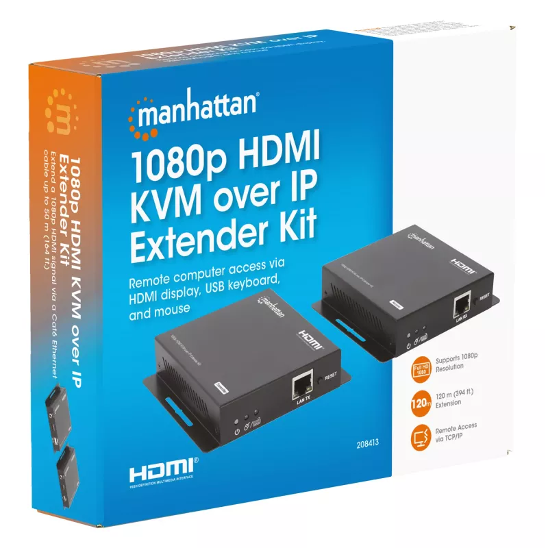 Zestaw przedłużacza Manhattan 1080p HDMI KVM over IP, przedłuża sygnał 1080p@60Hz do 120m za pomocą pojedynczego kabla Ethernet Cat6 lub sieci obsługującej IP, nadajnik i odbiornik, porty USB-A dla komputera/myszy/klawiatury, czarny, trzyletnia gwarancja