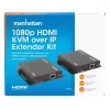 Zestaw przedłużacza Manhattan 1080p HDMI KVM over IP, przedłuża sygnał 1080p@60Hz do 120m za pomocą pojedynczego kabla Ethernet Cat6 lub sieci obsługującej IP, nadajnik i odbiornik, porty USB-A dla komputera/myszy/klawiatury, czarny, trzyletnia gwarancja