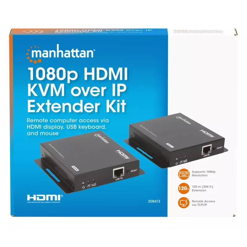 Zestaw przedłużacza Manhattan 1080p HDMI KVM over IP, przedłuża sygnał 1080p@60Hz do 120m za pomocą pojedynczego kabla Ethernet Cat6 lub sieci obsługującej IP, nadajnik i odbiornik, porty USB-A dla komputera/myszy/klawiatury, czarny, trzyletnia gwarancja