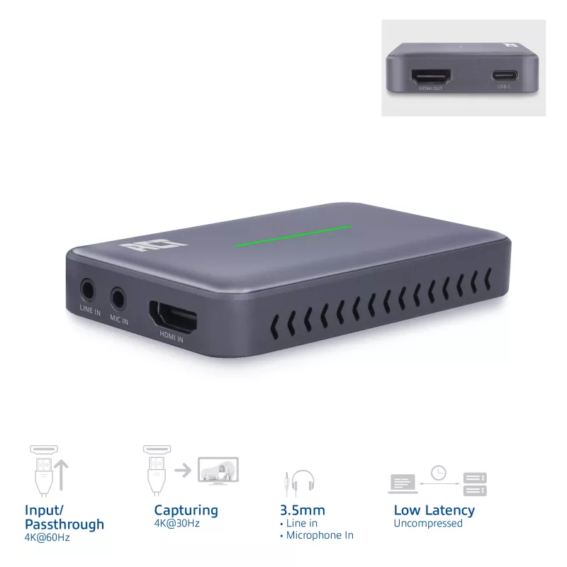 Karta przechwytująca wideo ACT USB-C, przejście HDMI 4K@60Hz, przechwytywanie 4K@30Hz