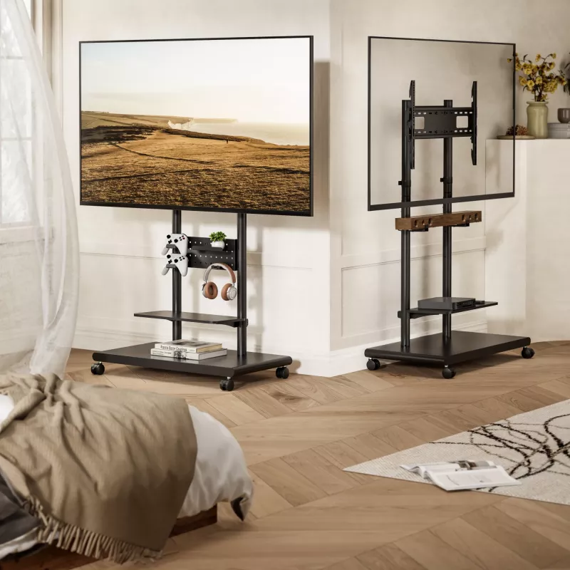 Mobilny wózek pod telewizor EQUIP 50–90 cali z półką perforowaną, VESA 200x200–600x400, 60 kg, czarny