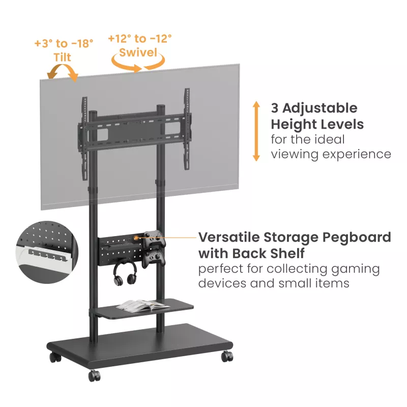 Mobilny wózek pod telewizor EQUIP 50–90 cali z półką perforowaną, VESA 200x200–600x400, 60 kg, czarny