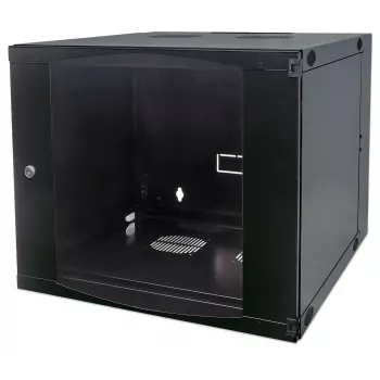 Intellinet 19-calowa szafa sieciowa - naścienna (dwusekcyjna z odchylanym zawiasem), 9U, głębokość 450 mm, czarna, płaska paczka, maks. 30 kg, odchylana umożliwiająca dostęp do tyłu szafy po zamontowaniu na ścianie, rack, użyteczna głębokość 235 mm, elementy do montażu na ścianie nie są dołączone