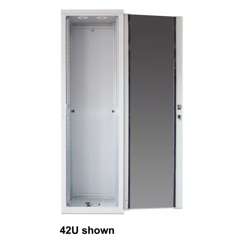 Intellinet 19-calowa szafa sieciowa - wolnostojąca (Basic), 42U, 600x800 mm (szerokość x głębokość), szara, płaska paczka, maks. 600 kg, zamek jednopunktowy, jeden zamek na panel boczny, głębokość użytkowa 123 do 573 mm, stojak, IP20, stal