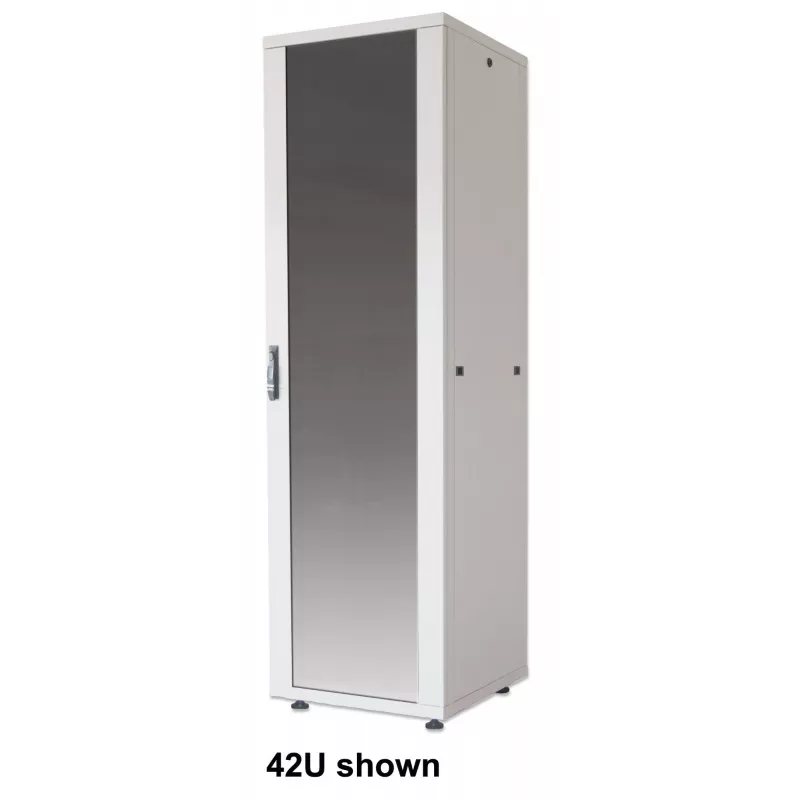 Intellinet 19-calowa szafa sieciowa - wolnostojąca (Basic), 42U, 600x800 mm (szerokość x głębokość), szara, płaska paczka, maks. 600 kg, zamek jednopunktowy, jeden zamek na panel boczny, głębokość użytkowa 123 do 573 mm, stojak, IP20, stal