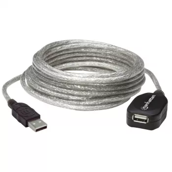 Kabel przedłużający Manhattan USB-A na USB-A, 5 m, męski na żeński, aktywny, przezroczysty srebrny, 480 Mb/s (USB 2.0), łączenie łańcuchowe, wbudowany repeater, Hi-Speed USB, trzyletnia gwarancja
