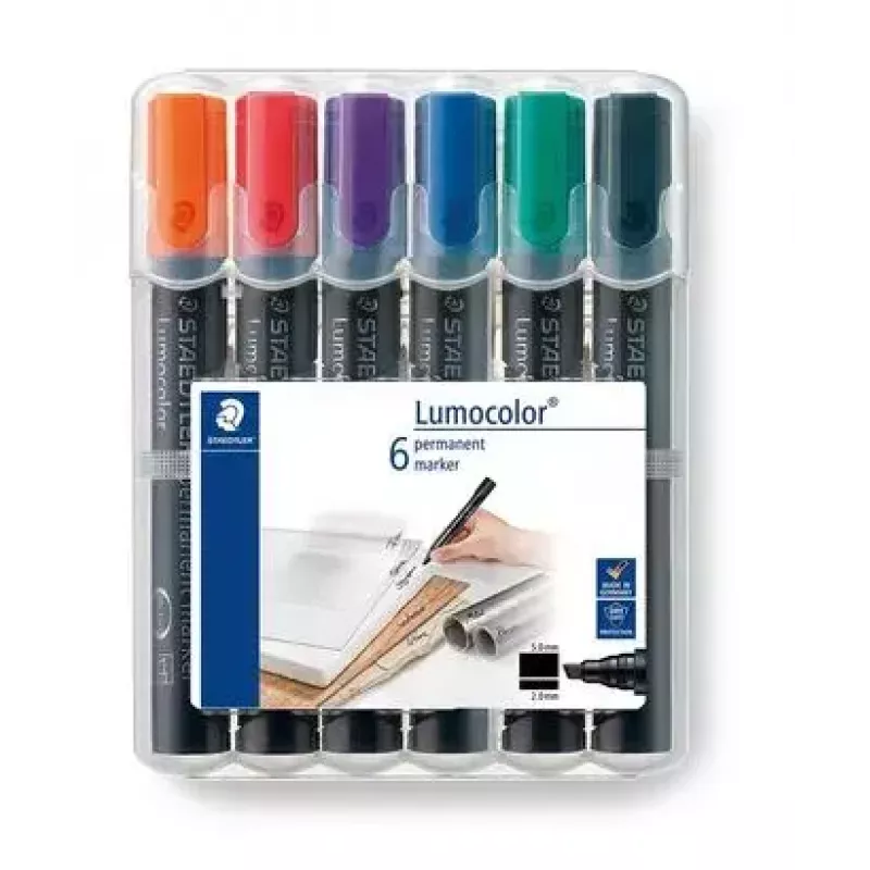 Marker permanentny Staedtler Lumocolor Chisel Tip 350 WP6 czarny niebieski zielony czerwony fioletowy żółty