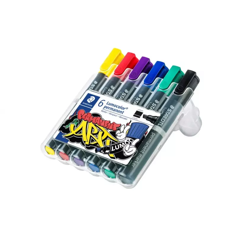 Marker permanentny Staedtler Lumocolor Chisel Tip 350 WP6 czarny niebieski zielony czerwony fioletowy żółty