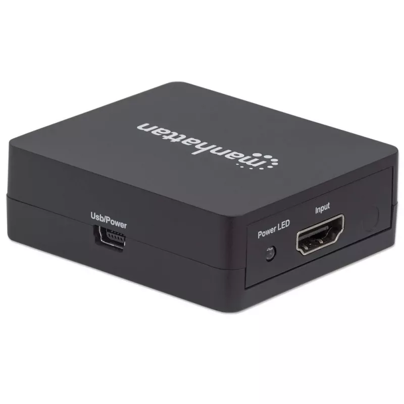 Rozdzielacz HDMI Manhattan 2-portowy, 1080p, czarny, wyświetla sygnał z 1 źródła HDMI na 2 wyświetlaczach HD (ten sam obraz na obu), zasilany przez USB-A (kabel w zestawie, 0,7 m), trzyletnia gwarancja