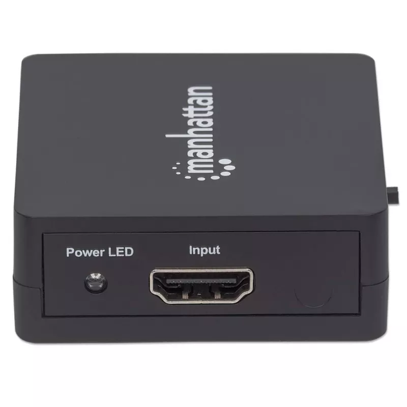 Rozdzielacz HDMI Manhattan 2-portowy, 1080p, czarny, wyświetla sygnał z 1 źródła HDMI na 2 wyświetlaczach HD (ten sam obraz na obu), zasilany przez USB-A (kabel w zestawie, 0,7 m), trzyletnia gwarancja