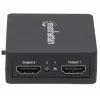 Rozdzielacz HDMI Manhattan 2-portowy, 1080p, czarny, wyświetla sygnał z 1 źródła HDMI na 2 wyświetlaczach HD (ten sam obraz na obu), zasilany przez USB-A (kabel w zestawie, 0,7 m), trzyletnia gwarancja