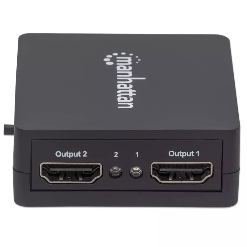 Rozdzielacz HDMI Manhattan 2-portowy, 1080p, czarny, wyświetla sygnał z 1 źródła HDMI na 2 wyświetlaczach HD (ten sam obraz na obu), zasilany przez USB-A (kabel w zestawie, 0,7 m), trzyletnia gwarancja