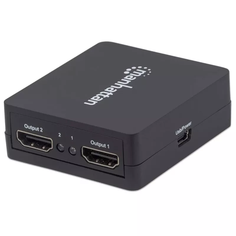 Rozdzielacz HDMI Manhattan 2-portowy, 1080p, czarny, wyświetla sygnał z 1 źródła HDMI na 2 wyświetlaczach HD (ten sam obraz na obu), zasilany przez USB-A (kabel w zestawie, 0,7 m), trzyletnia gwarancja