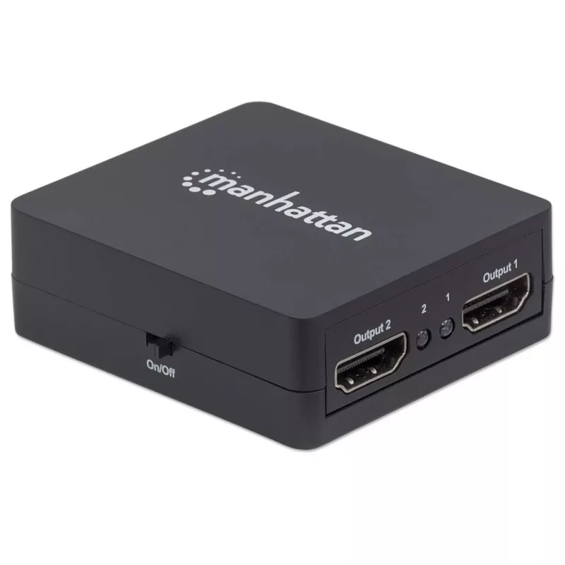 Rozdzielacz HDMI Manhattan 2-portowy, 1080p, czarny, wyświetla sygnał z 1 źródła HDMI na 2 wyświetlaczach HD (ten sam obraz na obu), zasilany przez USB-A (kabel w zestawie, 0,7 m), trzyletnia gwarancja