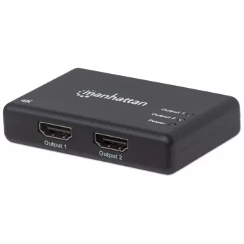 Manhattan HDMI Splitter 2-Port , 4K@30Hz, Wyświetla sygnał z x1 źródła HDMI na x2 wyświetlaczach HD (ten sam sygnał na obu wyświetlaczach), Zasilanie sieciowe (kabel 0,9 m), Czarny, Trzyletnia gwarancja