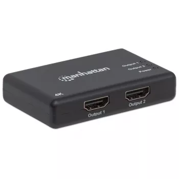 Manhattan HDMI Splitter 2-Port , 4K@30Hz, Wyświetla sygnał z x1 źródła HDMI na x2 wyświetlaczach HD (ten sam sygnał na obu wyświetlaczach), Zasilanie sieciowe (kabel 0,9 m), Czarny, Trzyletnia gwarancja