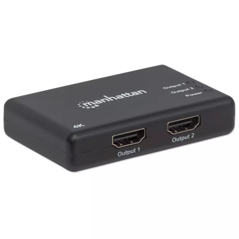 Manhattan HDMI Splitter 2-Port , 4K@30Hz, Wyświetla sygnał z x1 źródła HDMI na x2 wyświetlaczach HD (ten sam sygnał na obu wyświetlaczach), Zasilanie sieciowe (kabel 0,9 m), Czarny, Trzyletnia gwarancja