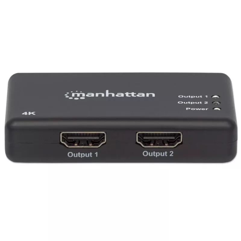 Manhattan HDMI Splitter 2-Port , 4K@30Hz, Wyświetla sygnał z x1 źródła HDMI na x2 wyświetlaczach HD (ten sam sygnał na obu wyświetlaczach), Zasilanie sieciowe (kabel 0,9 m), Czarny, Trzyletnia gwarancja