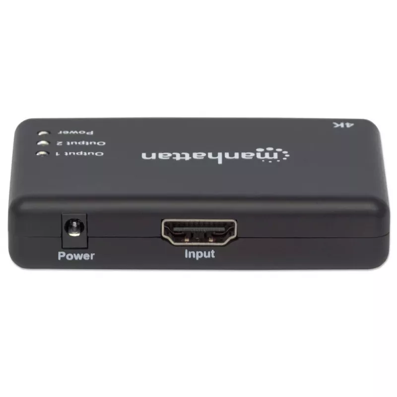 Manhattan HDMI Splitter 2-Port , 4K@30Hz, Wyświetla sygnał z x1 źródła HDMI na x2 wyświetlaczach HD (ten sam sygnał na obu wyświetlaczach), Zasilanie sieciowe (kabel 0,9 m), Czarny, Trzyletnia gwarancja
