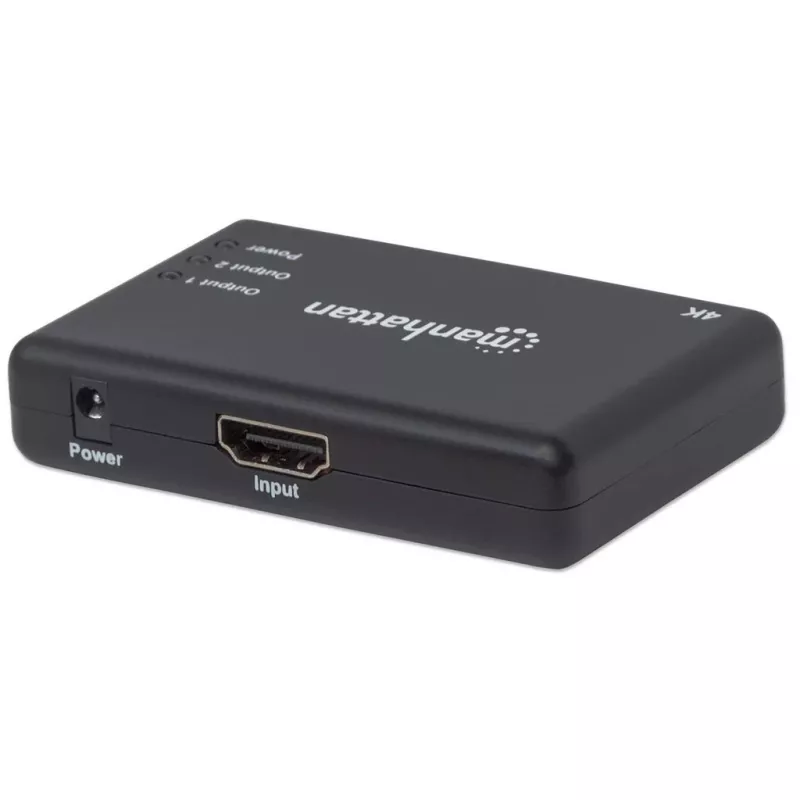 Manhattan HDMI Splitter 2-Port , 4K@30Hz, Wyświetla sygnał z x1 źródła HDMI na x2 wyświetlaczach HD (ten sam sygnał na obu wyświetlaczach), Zasilanie sieciowe (kabel 0,9 m), Czarny, Trzyletnia gwarancja