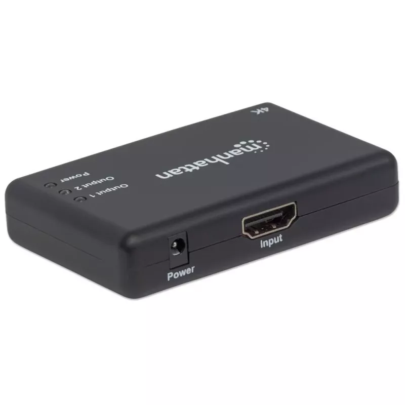 Manhattan HDMI Splitter 2-Port , 4K@30Hz, Wyświetla sygnał z x1 źródła HDMI na x2 wyświetlaczach HD (ten sam sygnał na obu wyświetlaczach), Zasilanie sieciowe (kabel 0,9 m), Czarny, Trzyletnia gwarancja