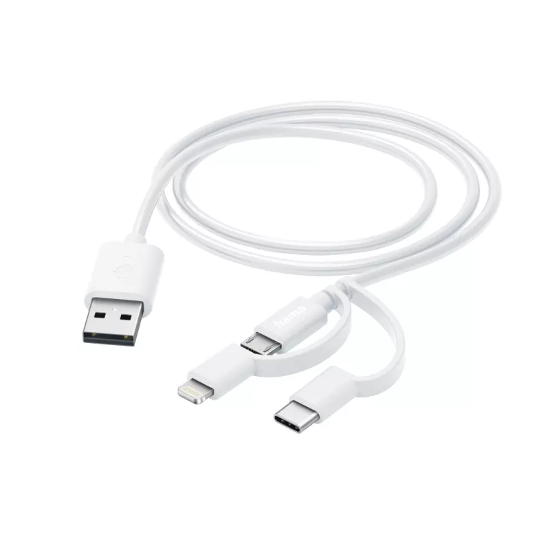 Hama 3-w-1 kabel do ładowania wielofunkcyjny, USB-A - Micro-USB, USB-C i Lightning, 1,0 m, biały