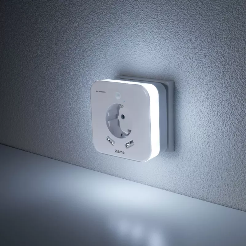 Hama 00223498 Lampa nocna LED z gniazdem, 2 wyjściami USB, czujnikiem ruchu i światła