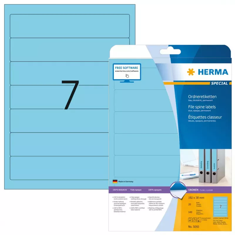 Etykiety na segregatory A4 HERMA 5093 niebieski papier matowy nieprzezroczysty 140 szt.