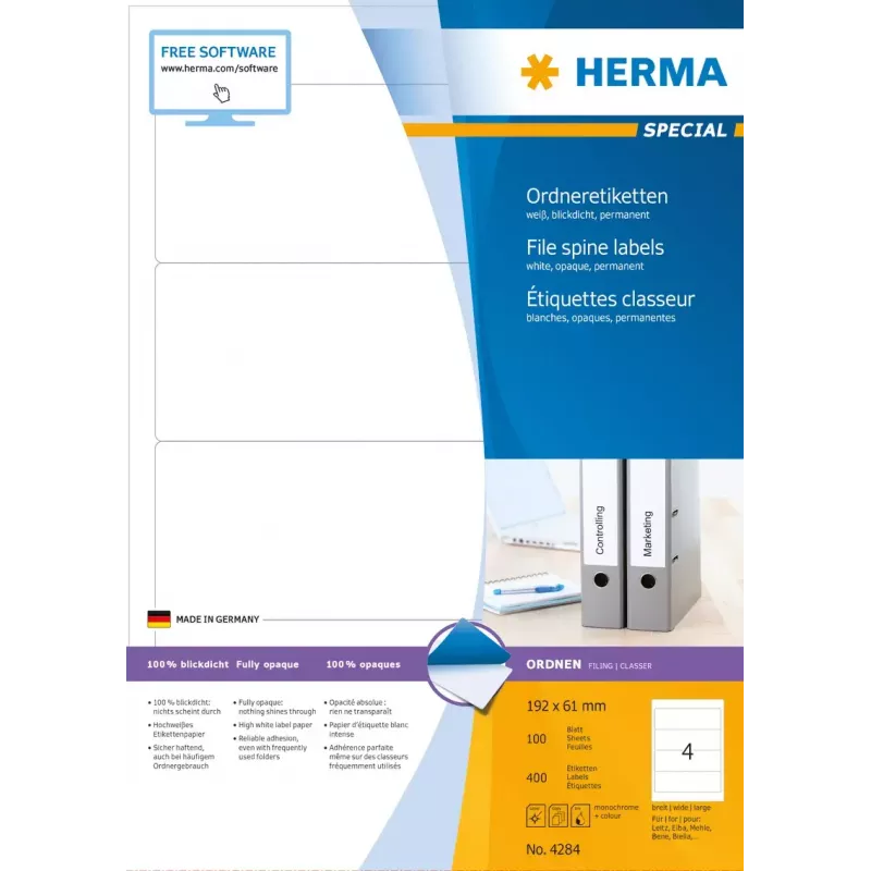 Samoprzylepne etykiety do drukarki HERMA Etykiety na segregatory A4 192x61 mm