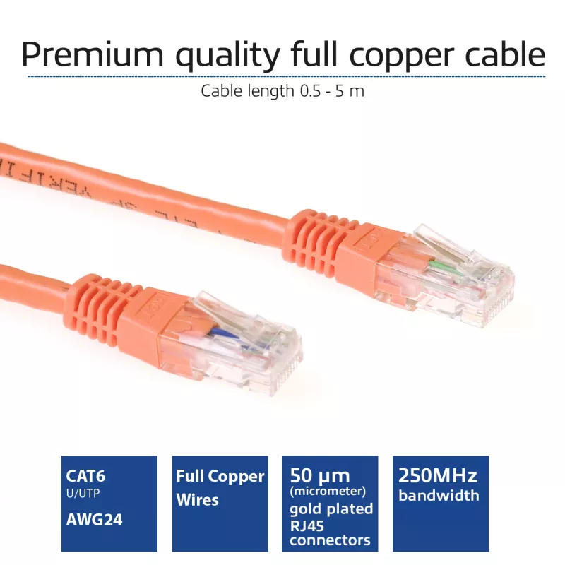 Pomarańczowy kabel krosowy ACT 20 metrów U/UTP CAT6 ze złączami RJ45