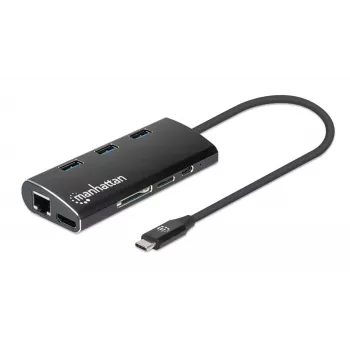 Manhattan Stacja dokująca/Hub USB-C z czytnikiem kart, porty (x6): Ethernet, HDMI, USB-A (x3) i USB-C, z zasilaniem Power Delivery (100 W) do portu USB-C (uwaga: wymagana dodatkowa ładowarka sieciowa USB-C i kabel USB-C), uniwersalna, do wszystkich urządzeń, aluminium, odpowiednik DKT30CSDHPD3