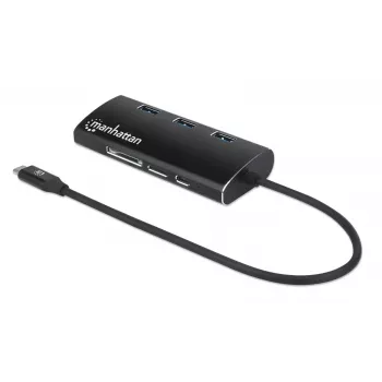 Manhattan Stacja dokująca/Hub USB-C z czytnikiem kart, porty (x6): Ethernet, HDMI, USB-A (x3) i USB-C, z zasilaniem Power Delivery (100 W) do portu USB-C (uwaga: wymagana dodatkowa ładowarka sieciowa USB-C i kabel USB-C), uniwersalna, do wszystkich urządzeń, aluminium, odpowiednik DKT30CSDHPD3