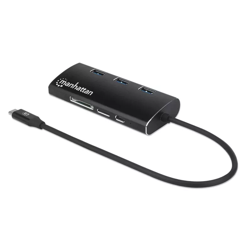 Manhattan Stacja dokująca/Hub USB-C z czytnikiem kart, porty (x6): Ethernet, HDMI, USB-A (x3) i USB-C, z zasilaniem Power Delivery (100 W) do portu USB-C (uwaga: wymagana dodatkowa ładowarka sieciowa USB-C i kabel USB-C), uniwersalna, do wszystkich urządzeń, aluminium, odpowiednik DKT30CSDHPD3