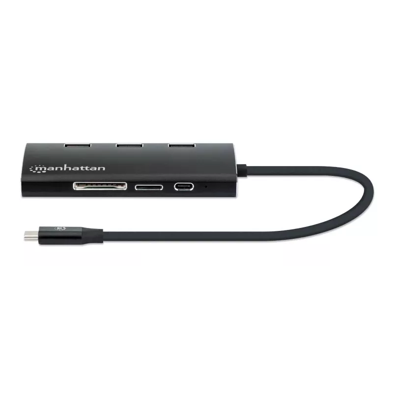 Manhattan Stacja dokująca/Hub USB-C z czytnikiem kart, porty (x6): Ethernet, HDMI, USB-A (x3) i USB-C, z zasilaniem Power Delivery (100 W) do portu USB-C (uwaga: wymagana dodatkowa ładowarka sieciowa USB-C i kabel USB-C), uniwersalna, do wszystkich urządzeń, aluminium, odpowiednik DKT30CSDHPD3