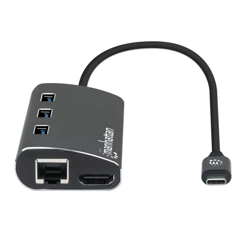 Manhattan Stacja dokująca/Hub USB-C z czytnikiem kart, porty (x6): Ethernet, HDMI, USB-A (x3) i USB-C, z zasilaniem Power Delivery (100 W) do portu USB-C (uwaga: wymagana dodatkowa ładowarka sieciowa USB-C i kabel USB-C), uniwersalna, do wszystkich urządzeń, aluminium, odpowiednik DKT30CSDHPD3