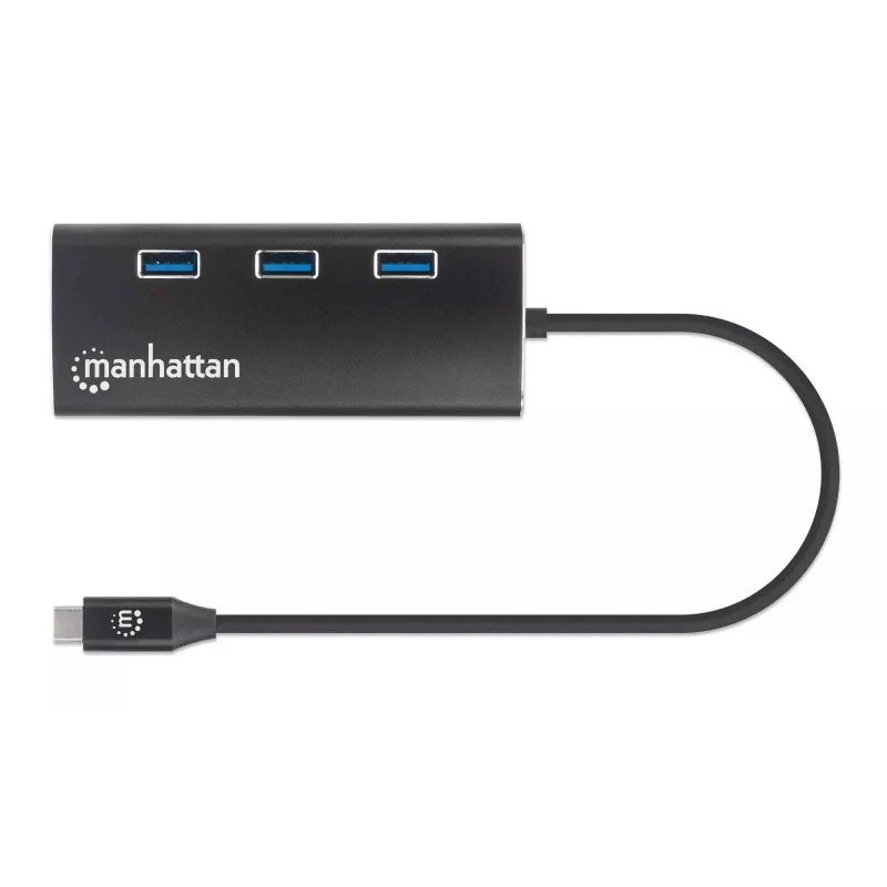 Manhattan Stacja dokująca/Hub USB-C z czytnikiem kart, porty (x6): Ethernet, HDMI, USB-A (x3) i USB-C, z zasilaniem Power Delivery (100 W) do portu USB-C (uwaga: wymagana dodatkowa ładowarka sieciowa USB-C i kabel USB-C), uniwersalna, do wszystkich urządzeń, aluminium, odpowiednik DKT30CSDHPD3