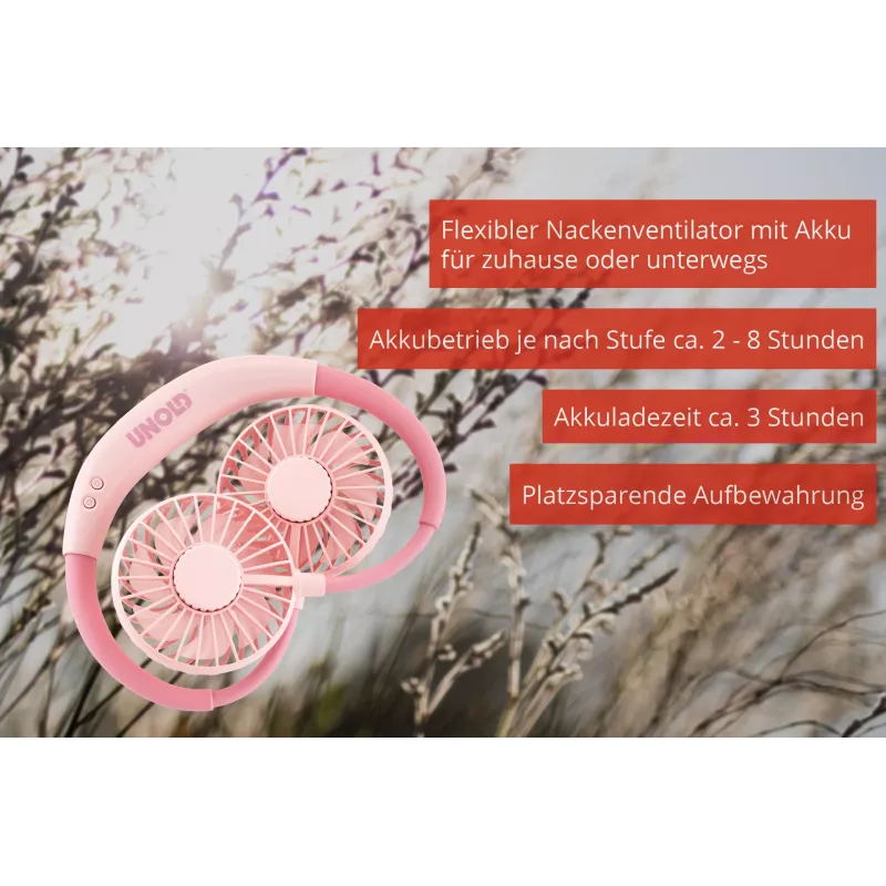 Unold Wentylator na szyję Breezy Pink, Różowy, 2 wentylatory, 8 h, Wentylator na szyję, Biały, 1 szt.